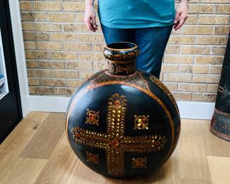 Mid 20th Century Extra Large Metal Mughal Style Black Hand-Painted Water Jug Vase, Rajasthan India