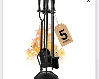 NIB 5-Piece Fireplace Tool Set w/ Stand Black Metal Poker Shovel Brush Tongs