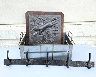 -Heavy Iron & Metal Wall Rack w/ Hooks, Galvanized Storage Bin & Decorative Relief Panel