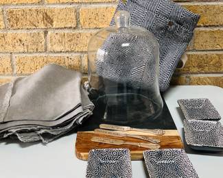 Cheese Board Set with Glass Dome, 12 New Linen Napkins, Cotton Apron, Small Ceramic Dishes