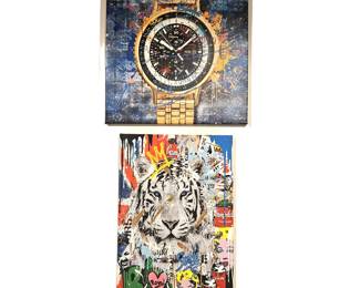 Set of 2 Graffiti Style Canvas Art – Tiger & Gold Watch Pop Art Prints