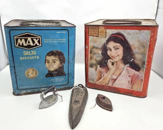  2 Vintage MAX Salto Biscuit Tins w/ Antique “Sensible” Sad Irons Primitive Lot