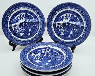  Set of 5 Blue & White Transferware Rimmed Soup Bowls Plates Made in England