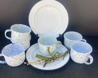 Artesano Hand Painted Steel Speckled Mugs Plates Set Colombian Vintage 10 Inch