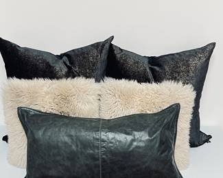  Set of Luxury Decorative Throw Pillows with Leather, Sheepskin Wool, and Feather Insert Fillings
