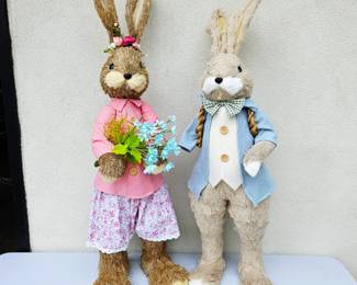  Pair Easter Bunny Figurines Spring Decor Straw & Fabric Rabbits (1 Needs Repair)