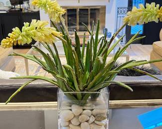  Unique Yellow Flowering Cactus Arrangement in Clear Glass Square Vase with White Pebbles