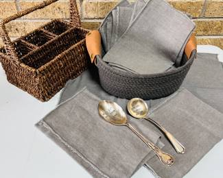 Kitchen Set with 10 New Gray Linen Napkins, Woven Basket, Inscribed Silverware, and Utensil Caddy Carrier