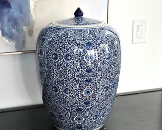 Large Blue & White Asian Ginger Jar w Lid 20” Floral Porcelain