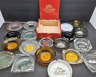  Mid Century Glass Ashtray Collection Hotel Advertising Ashtrays + Cigar Box Metal Basket Lot