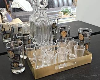 Vintage Barware Set Crystal Decanter Shot Glasses Highball Glasses Brass Tray Lot