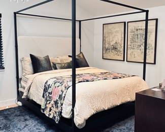 Modern Luxury Canopy Bed King Size with Tall Upholstered Headboard in a Minimal Black Metal Silhouette