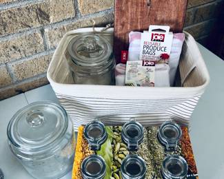 Versatile Kitchen Storage Basket Set with Glass Jars, Reusable Produce Bags, and more