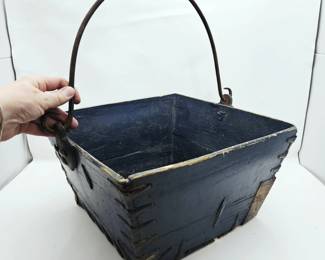 Antique Primitive Blue Painted Wood Basket Box w Iron Handle 14x14