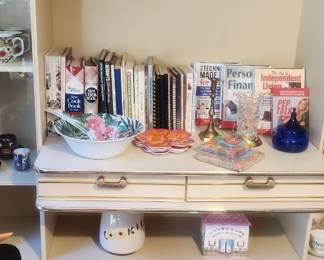 Japanese tea sets, 80s entertainment armoir, cookbooks