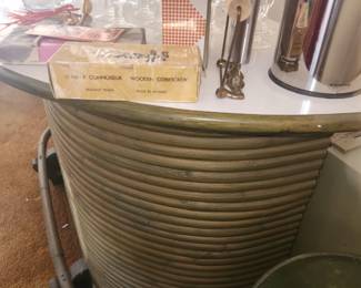 Vintage Tiki Bar with six stools, miscellaneous barware,  Atomic Star Barware