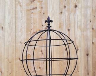 Beautiful Unique Vintage Wrought Iron Globe Garden Sculpture w Fleur De Lis Accent