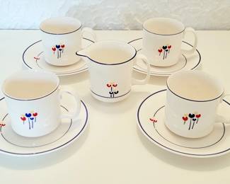 Lovey Rare Early 1970's Tulips Cup, Saucer Creamer & Butter Dish 11 Piece Set by Riva Designs + Butter Dish (not shown)