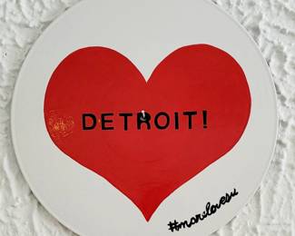 "I ♥️ RECORDS Black Detroit on Red on White #2" on Repurposed Vinyl Record