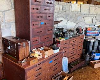 And now we revisit the woodworking tools.  Here you have three sets of storage drawers.  Don't forget to check the drawers for additional items.  The far left shows a Gerstner tool chest.
