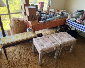 A few of the other furniture items available (again, on the third and fourth day of the sale), plus on the tables are some of the kitchen dishes and related items.