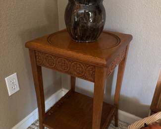 Vintage oak table, collectible vase