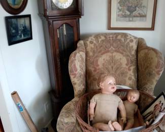 Grandfather Clock, Old Dolls, Wingback Chair