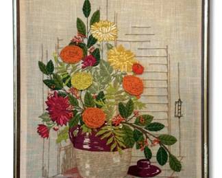 Vintage 1970s Floral Embroidery Crewel Wall Art