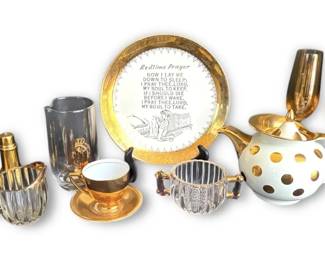 GoldTrimmed Hall Teapot, Champagne Flutes,  More Serving Ware