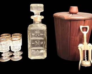 Vintage Ice Bucket, Decanter, Brass Wine Opener,  Cordial Glasses
