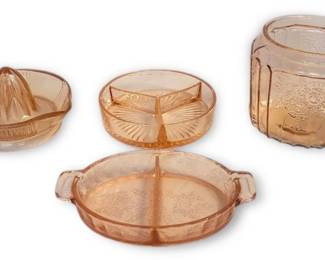 Pink Depression Glass Cookie Jar, Citrus Juicer,  Divided Dishes