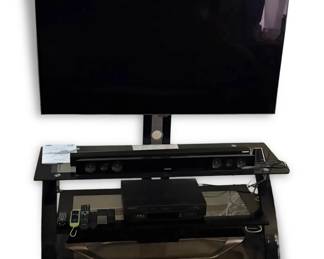 Samsung 48 TV w Soundbar, Mitsubishi VHS Player,  Entertainment Stand
