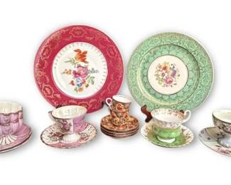 Floral Porcelain Teacups  Plates w 22k Gold Accents