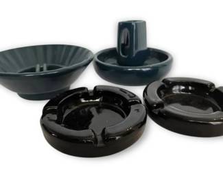 Two Vintage Green Hall Pottery Ashtrays  Two Black Glass Ashtrays