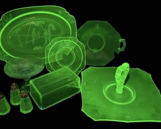 Uranium Depression Glass Serving Plates, Compote, SP Shakers,  More