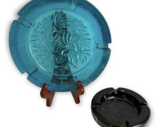 L.E. Smith Blue Sand Scroll  Black Glass Ashtrays