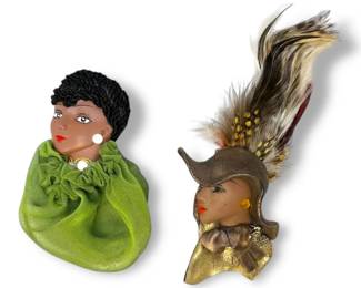 Pair of Ceramic Lady Head Brooches