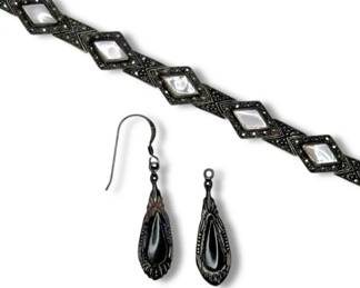 Vintage Sterling Silver Marcasite  Mother of Pearl Bracelet and Earrings 26.0g