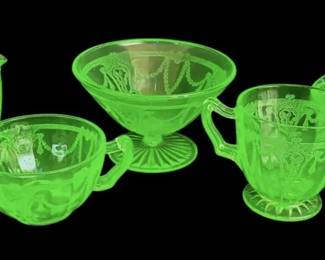 Uranium Depression Glass Compote, Creamer,  More