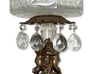 Hollywood Regency Lead Crystal  Brass Cherub Centerpiece Bowl w Marble Base