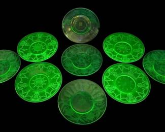 Uranium Depression Glass Saucers, 6  Anchor Hocking Cameo Green  Jeanette Floral Green