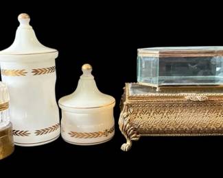 White Opaline Glass Jars, Jewelry Boxes,  More