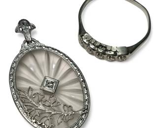14k White Gold Diamond Ring  10k Gold Art Deco Pendant 5.34g Total