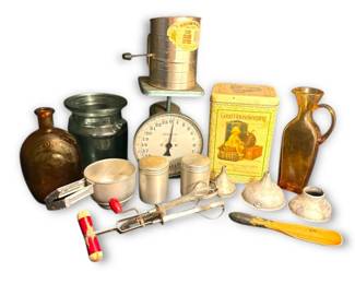 Antique Scale, Sifters, Salt  Pepper Shakers, Glass Milk Jug,  More
