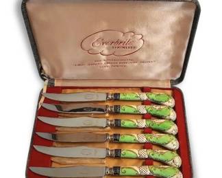 Vintage Everbrite Sheffield Stainless Steel Knife Set w HandPainted Floral Bone China Handles