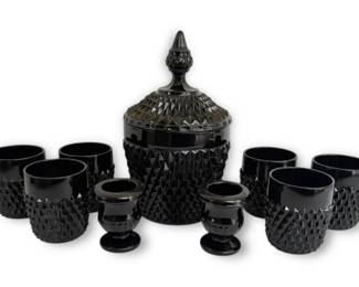 Indiana Glass Black Tiara Diamond Point Ice Bucket, Tumblers,  Candle Holders