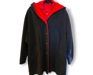 Vintage Lady Penguin 100  Wool Navy Blue  Red Hooded Jacket