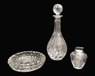 Block Crystal Decanter w Glass Ashtray  Table Lighter Set