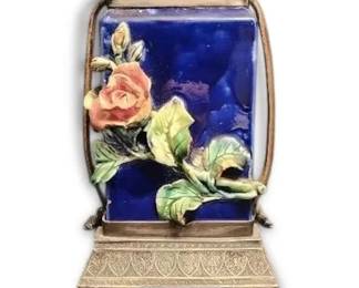 Majolica Blue Floral Vase w SilverPlated Mounts