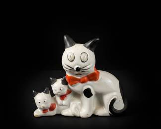 Vintage Ceramic Cat Family Figurine with Orange Bows